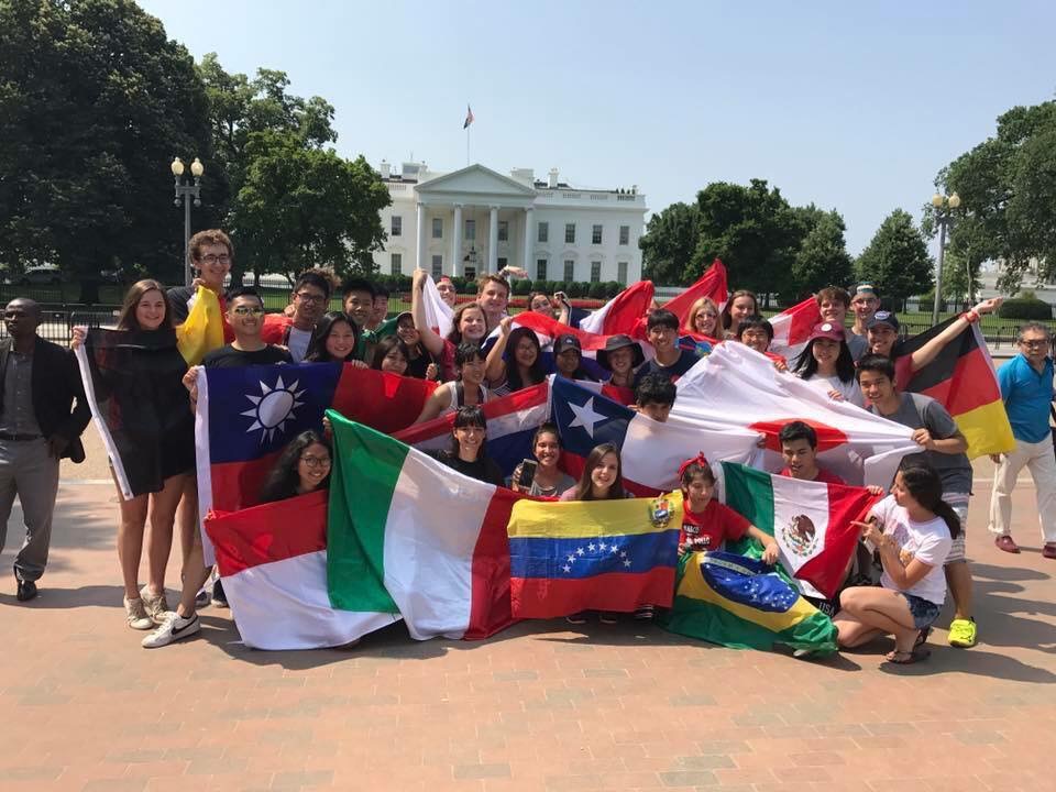 international friends with flags